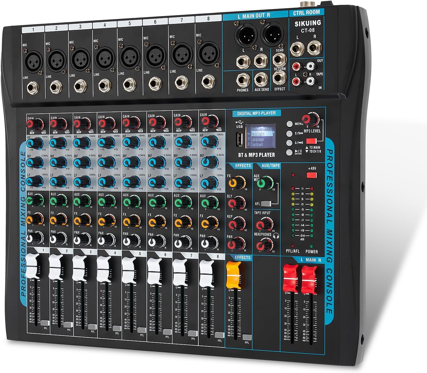 8 Channel Audio Mixer Sound Board Mixer 16 DSP Effect Audio Interfacer w/USB Drive for Computer Recording, 48V Power, XLR Microphone Jack DJ Mixer for Karaoke Studio Streaming Recording