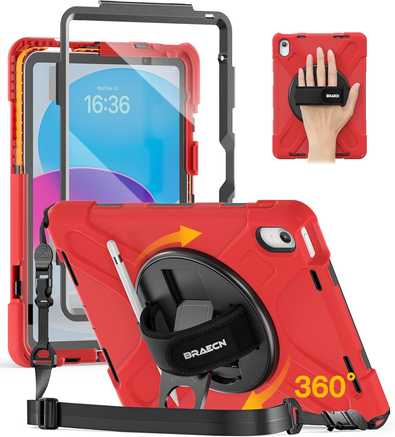 BRAECN for iPad (A16) 11th/10th Generation case 11/10.9 inch 2025/2022 Heavy Duty Shockproof Protective with Pencil Holder Screen Protector 360°Rotating Stand Handle & Shoulder Strap Full Body Cover