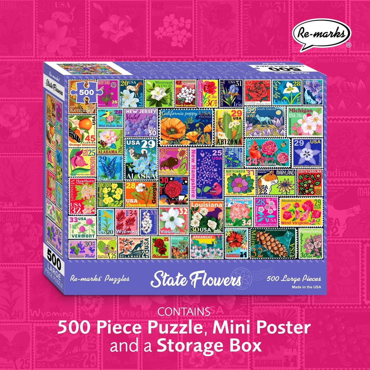 Re-marks State Flowers Stamp Collage Jigsaw Puzzle, 500 Large Piece Jigsaw Puzzle for All Ages