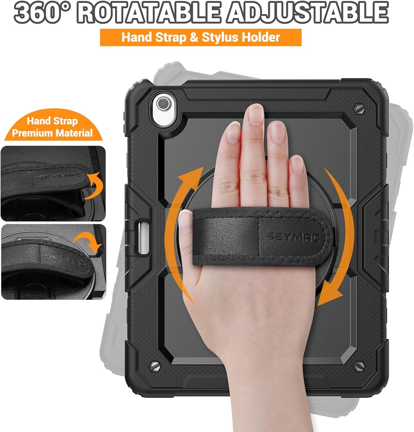 SEYMAC for iPad Air 13 Inch Case M3 2025/ M2 2024, Heavy Duty Shockproof Protective Case with Screen Protector, 360° Rotating Stand, Hand/Shoulder Strap and Pen Holder for iPad Air 13, Black