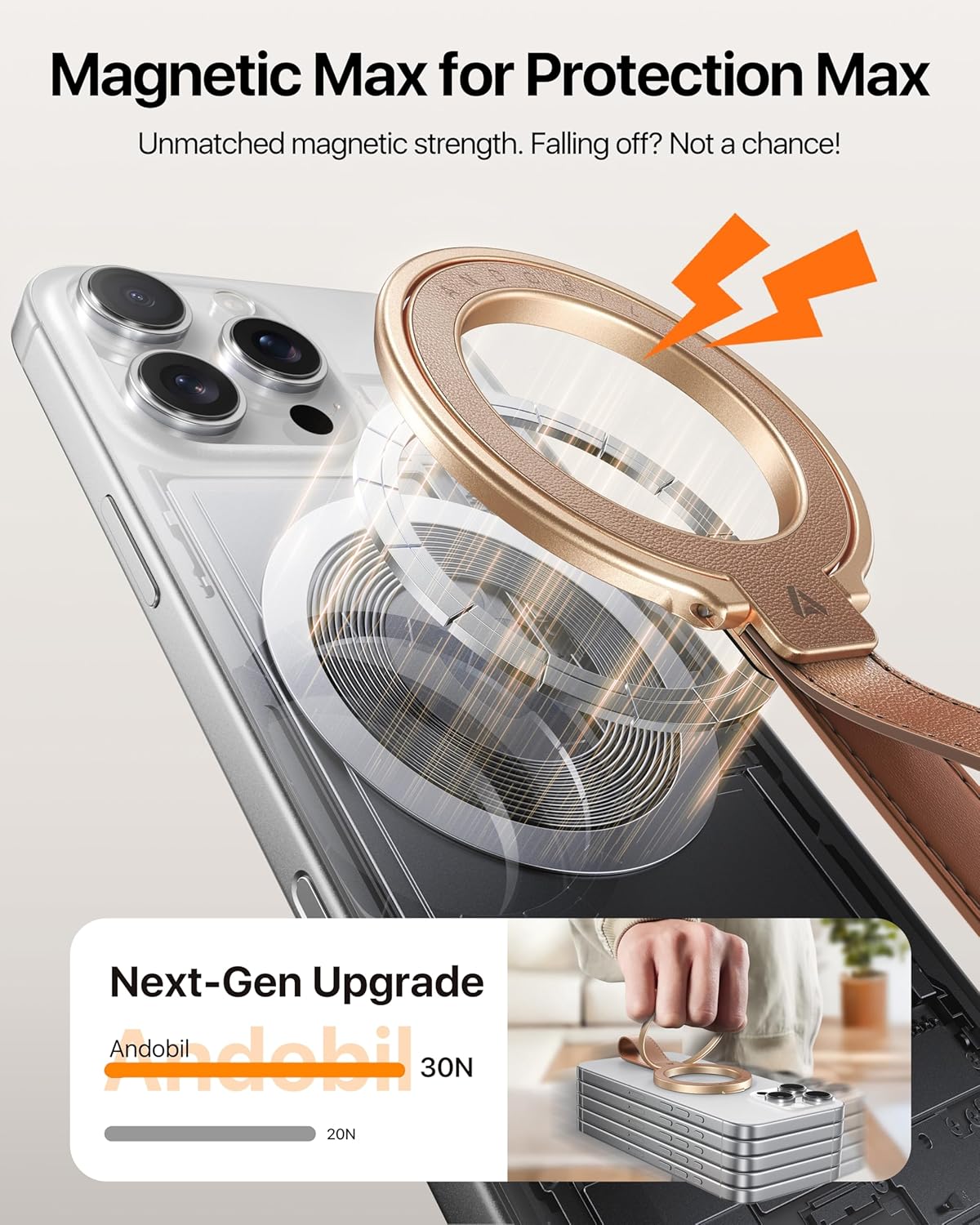 andobil[2025 Premium Leather]Magnetic Phone Grip for MagSafe[Unrivaled Stability]Adjustable Phone Ring Kickstand with Leather Loop Compatible with MagSafe Accessories&iPhone 16 Pro Max/15/14/13,Brown