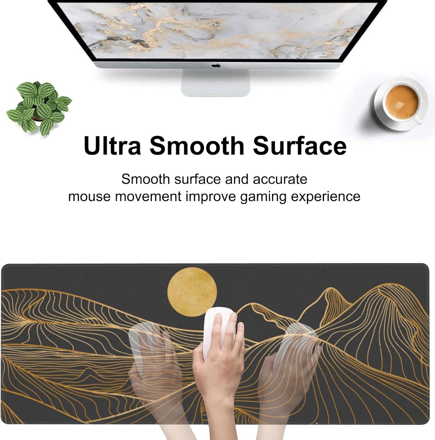 Abstract Golden Mountain Desk Mat,Large Gold Line Art Gaming Keyboard Mouse Pad,Non-Slip Rubber Base Desk Pad Thick Stitched Edges Waterproof Mousepad Mouse Mat 31.5"x11.8"