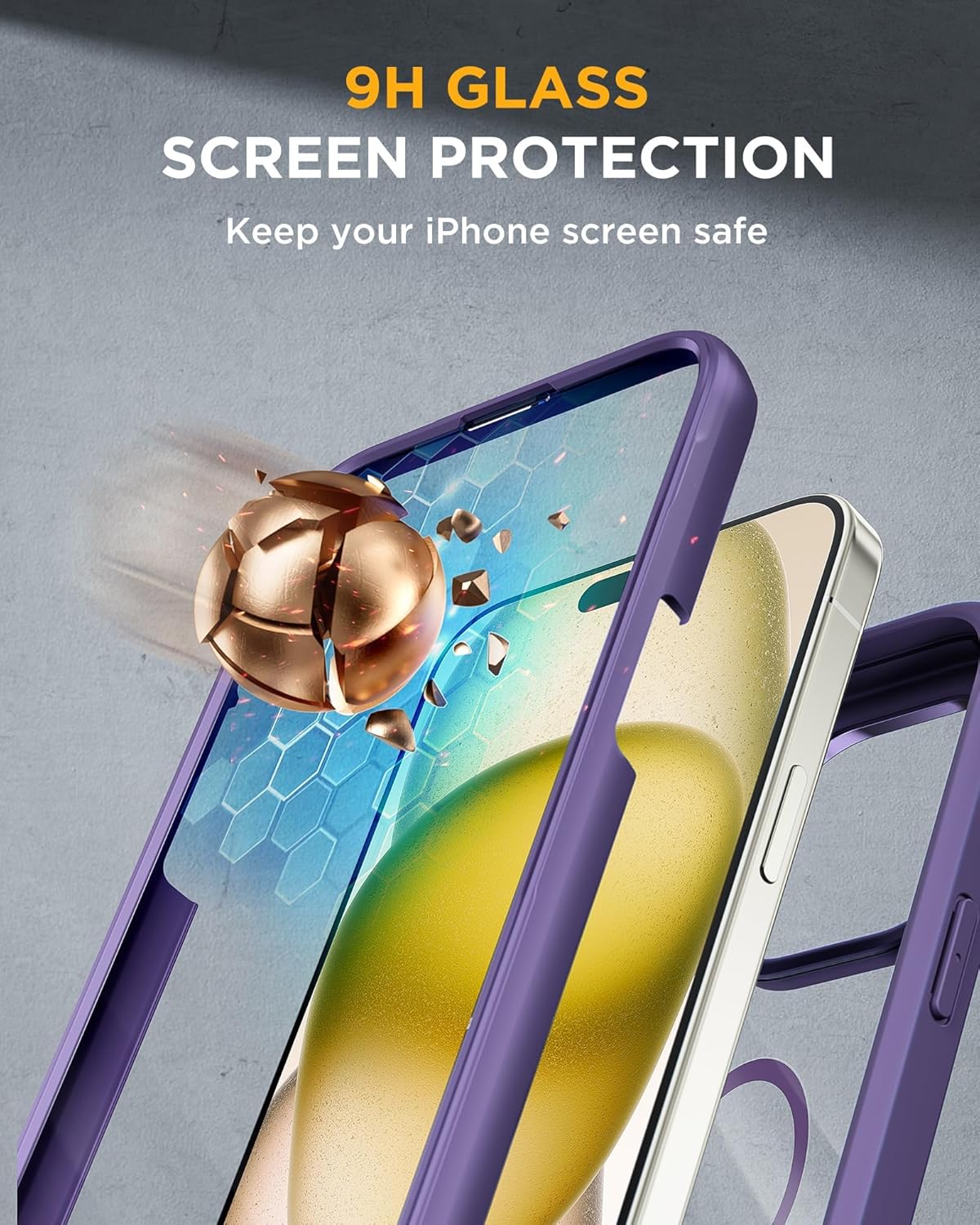 Miracase Glass Series for iPhone 15 Case [Compatible with MagSafe] Full-Body Magnetic Case with Built-in 9H Tempered Glass Anti-Fingerprint Screen Protector + Camera Lens Protector, Purple