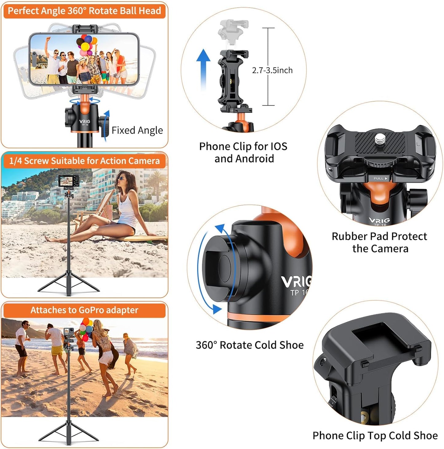 VRIG TP16 Camera Tripod, 55 inch Extendable Phone Selfie Stick Camera Tripod Stand with 2 in 1 Phone Clip, 5 Levels Adjustment 360° Ball Head Loads Up for Pocket 3 Insta360 X5 iPhone Sony Canon