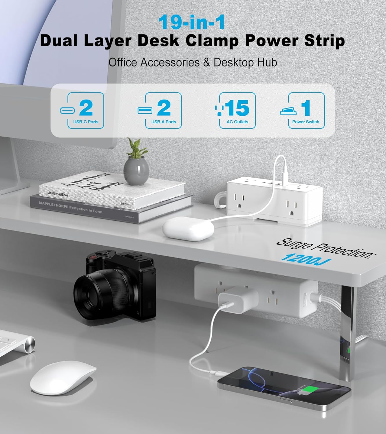 Dual Layer Desk Clamp Power Strip, 19 in 1 Desktop Edge Mount Surge Protector with 4 USB Ports(2 USB-C) & 15 AC Outlets, Ultra Thin Flat Plug & 5FT Power Cord for Office Home(ETL Listed)