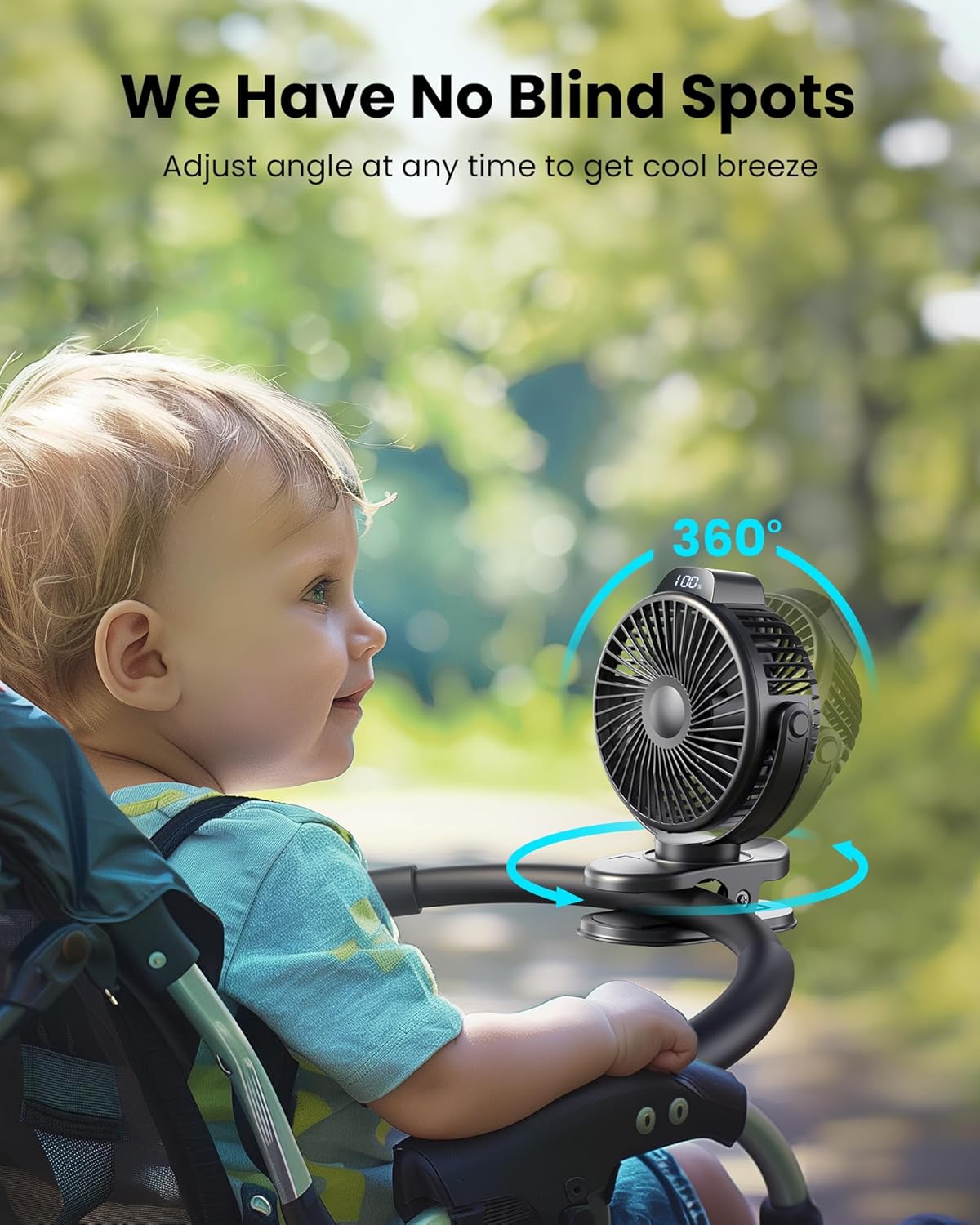 Koonie Portable Clip On Fan, Small USB Fan Battery Operated, 3 Speed Rechargeable Mini Fan With LED Display, 360° Rotate Personal Cooling Desk Fan for Stroller Travel Camping Golf Gym