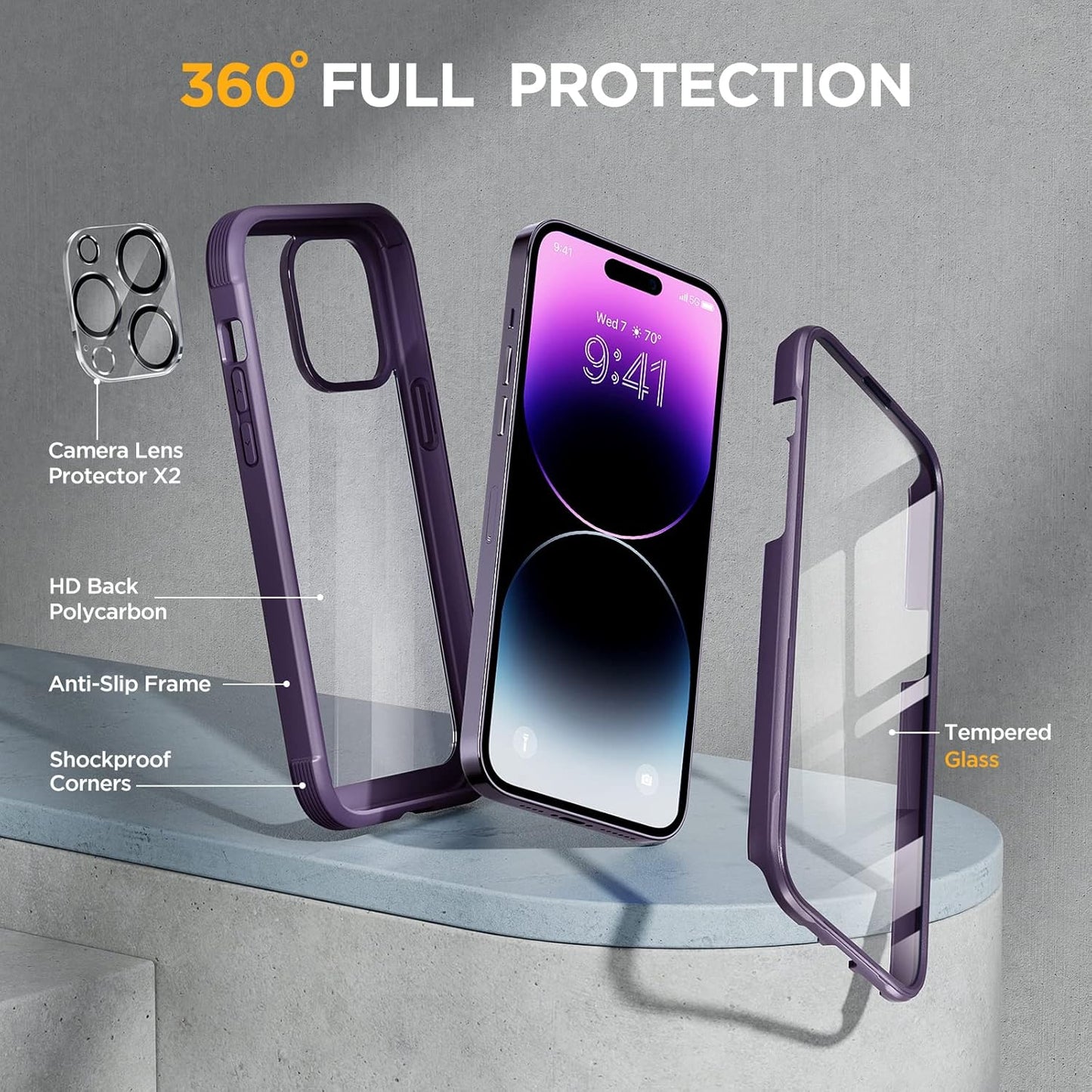 Miracase Glass Series Designed for iPhone 14 Pro Max Case 6.7 Inch, Upgrade Full-Body Bumper Case with Built-in 9H Tempered Glass Screen Protector, with Camera Lens Protector, Dark Purple