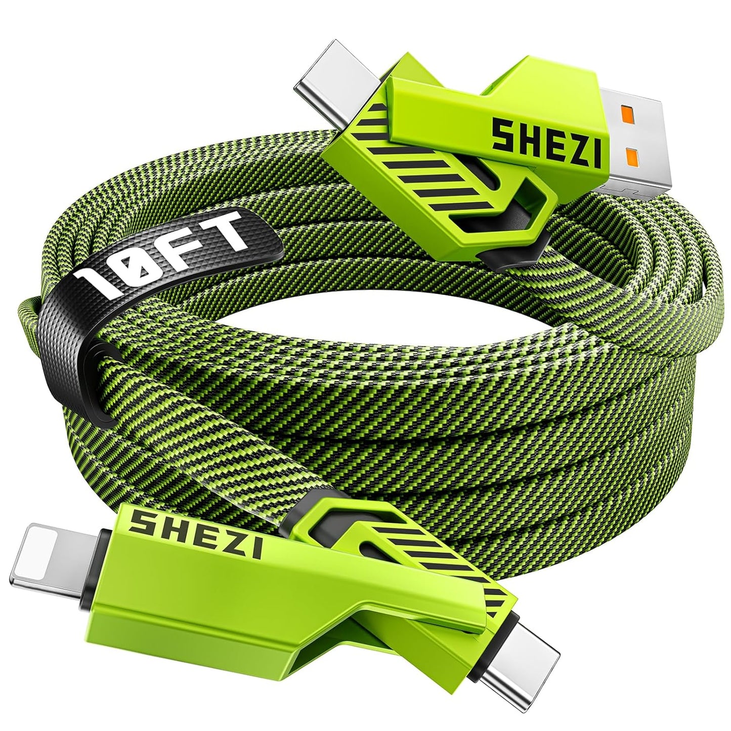 SHEZI [Upgraded 2.0] 4-in-1 USB C Cable 60W 10FT Fast Charging [480Mbps Data Sync] Flat Nylon Braided Charger Cord Combo, USB A/C to C/L Multi Charge Cable for iPhone/iPad & Most Devices, Green