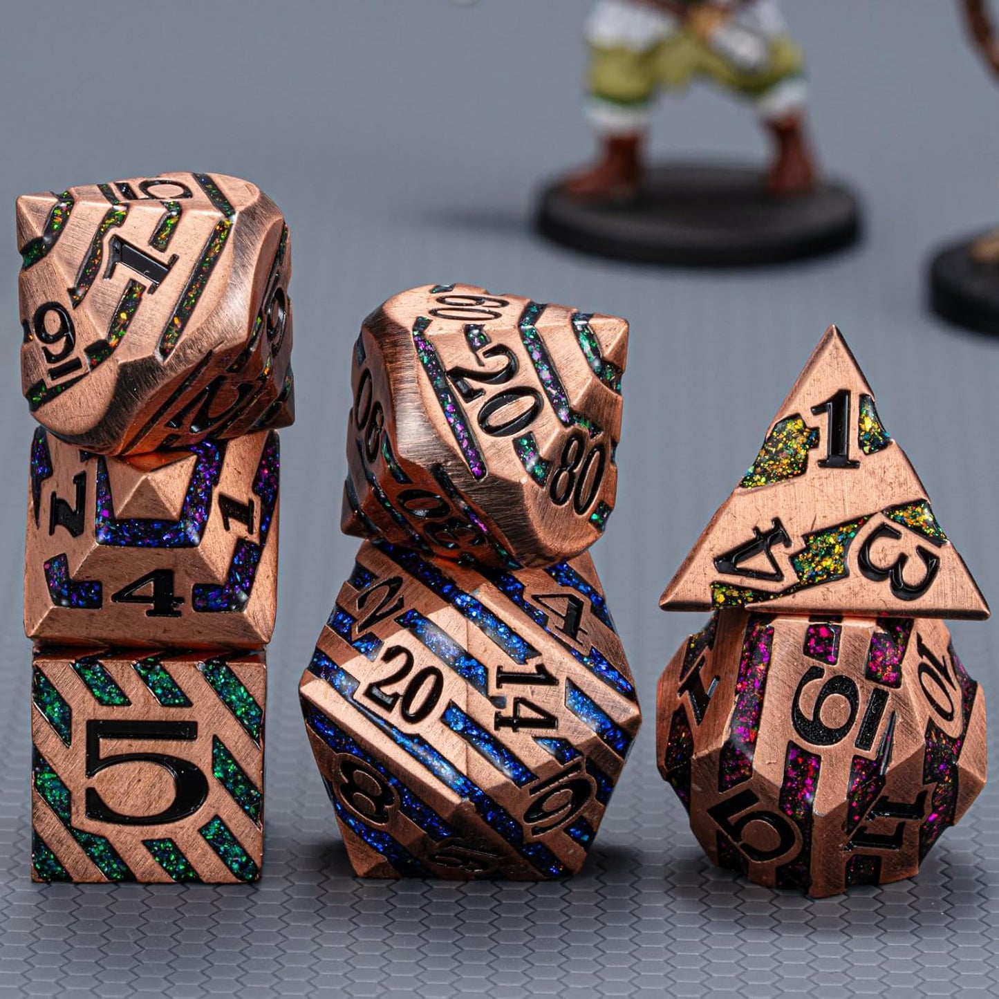 Metallic Glitter Stripes D&D,DND Metal Dice,7pcs Polyhedral Dice Set with Gift Case for D&D Tabletop Game (Antique Red Copper Seven Colors)