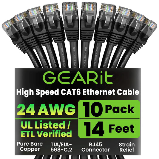 GearIT Cat 6 Ethernet Cable Pack - 10-Pack 14 ft Cat6 Ethernet Patch Cables | RJ45 Network Patch Cable, 10 Gbps Snagless Gold-Plated Connectors - Ethernet Cable Cat 6 for PC, TV, Router - Black