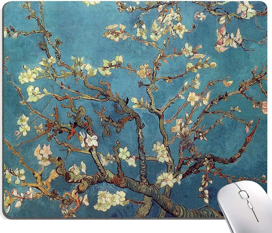 Almond Blossoms Van Gogh Mouse Pad, Oil Painting Flowers Mouse Mat, Square Waterproof Non-Slip Rubber Base MousePads for Office & Home Laptop