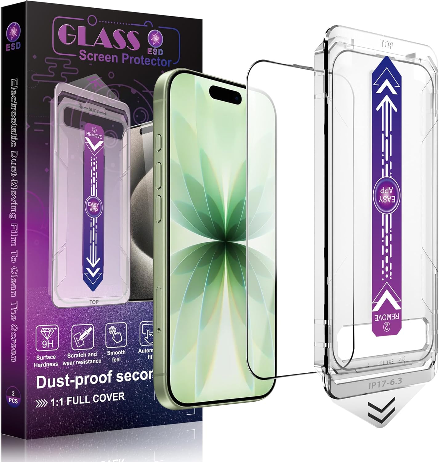 Screen Protector for iPhone 17, iPhone 16 Pro 6.3-Inch, 2 Pack, 9H Tempered Glass, HD Clear, Full Cover, Anti-Fingerprint, Easy Installation