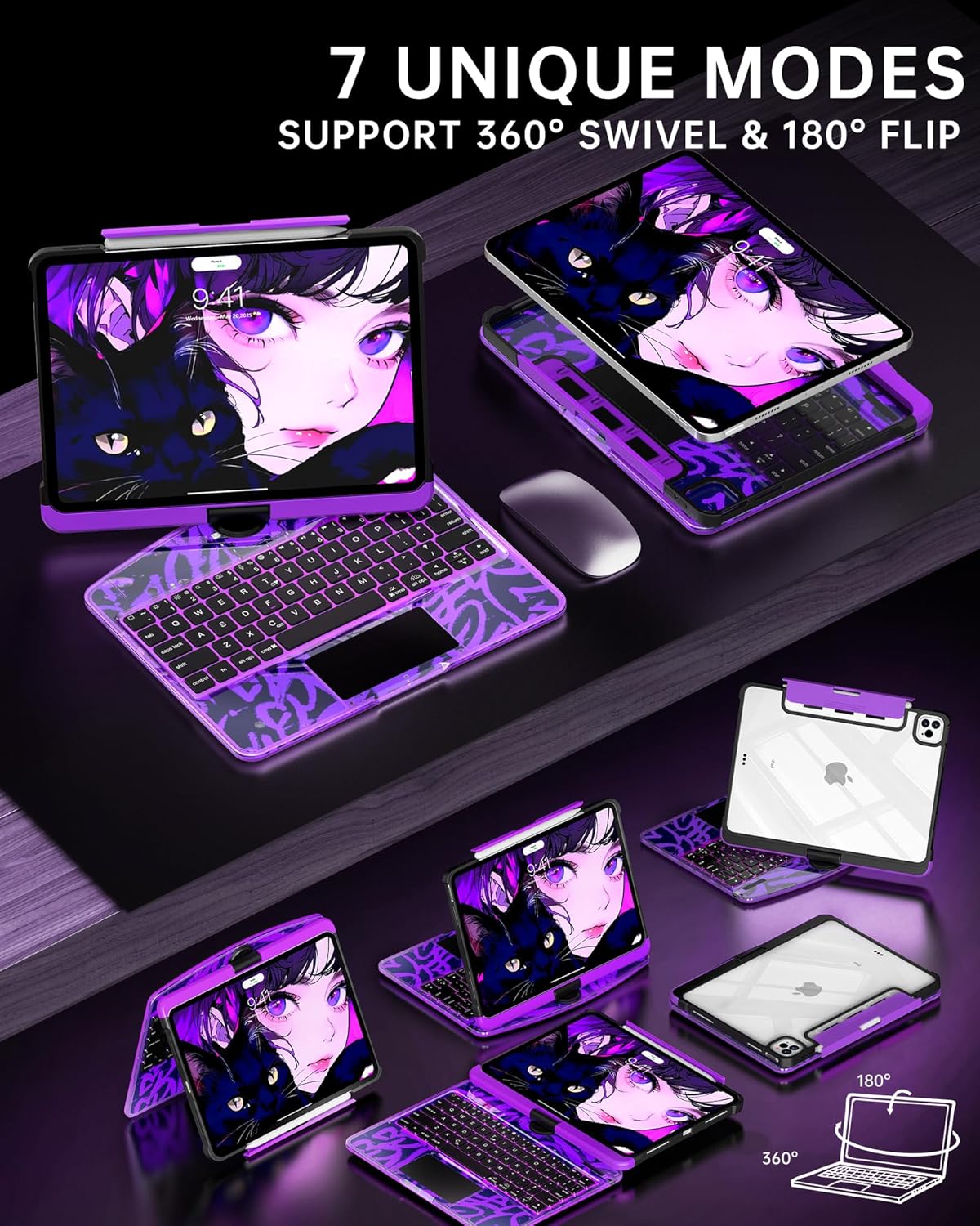 Intermerge Clear iPad A16 11th (2025) & 10th Generation 10.9" Case with Keyboard, 360° Transparent Multi-Touch Trackpad, 7-Color RGB Keyboard, Pencil Holder, Type-C, Power Indicator, Neon Pulse