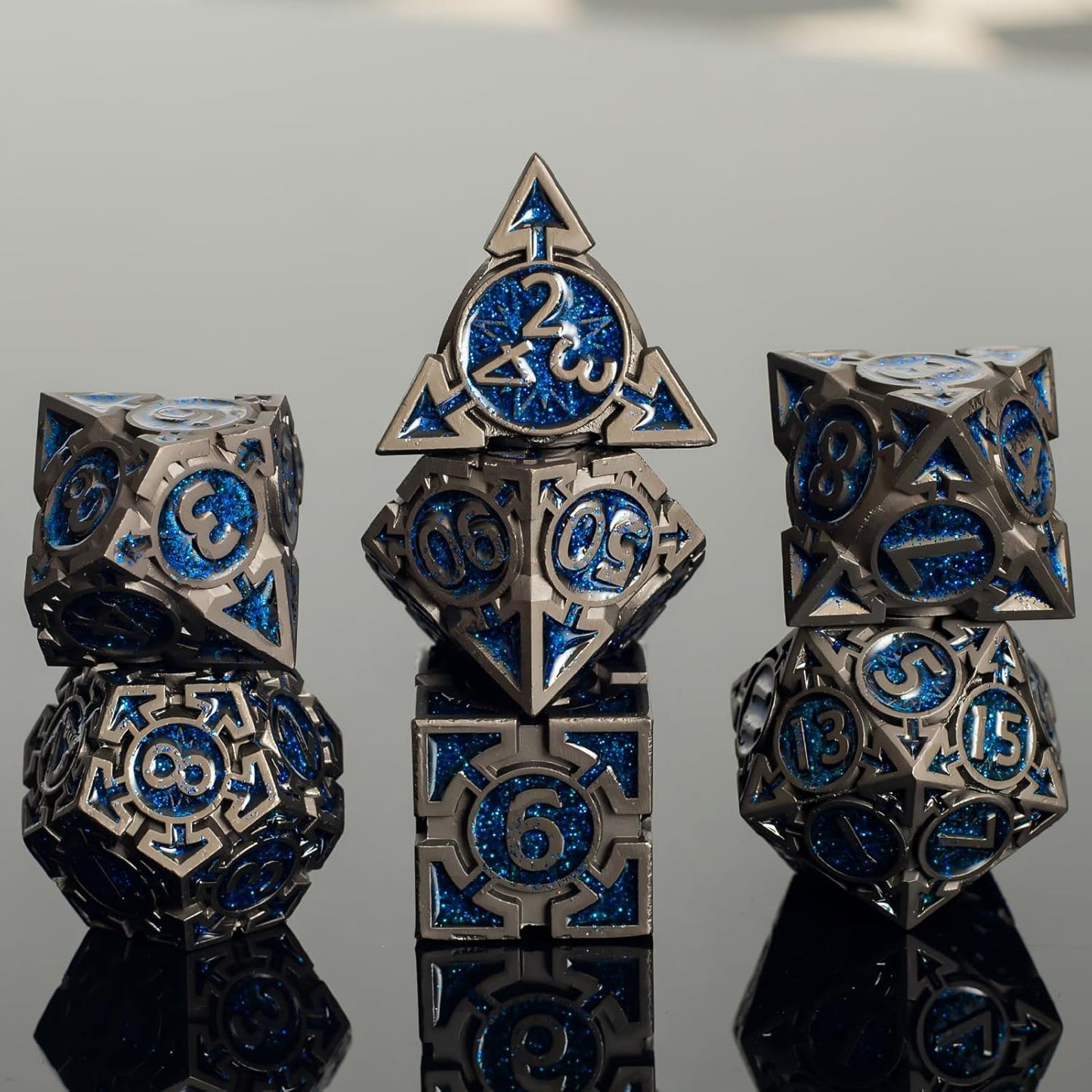 Blue Black Nickel Finish Heavy Metal DND Dice Set (Wizard) with A Metal Box, Sharp Edge Zinc Alloy D&D Accessories, D4-D20, Designed for Dungeons & Dragons Master, RPG Player, Starter