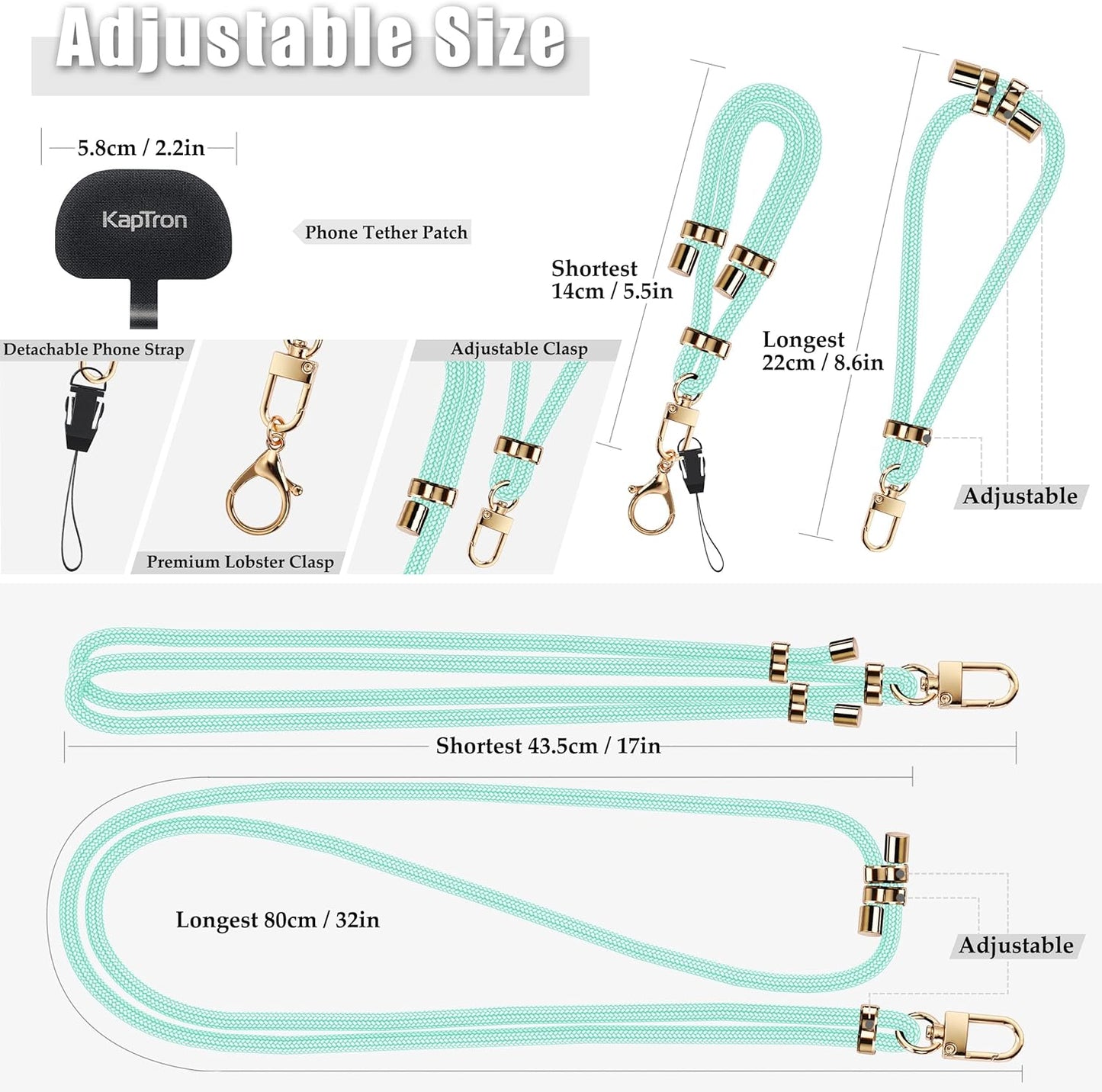 Universal Phone Lanyard with Wrist Strap, Adjustable Crossbody Cell Phone Lanyard Neck Strap and Wristlet Strap with 2 Lobster Clips, Phone Tether Patches and Phone Straps (Mint Green, 2 Pack)