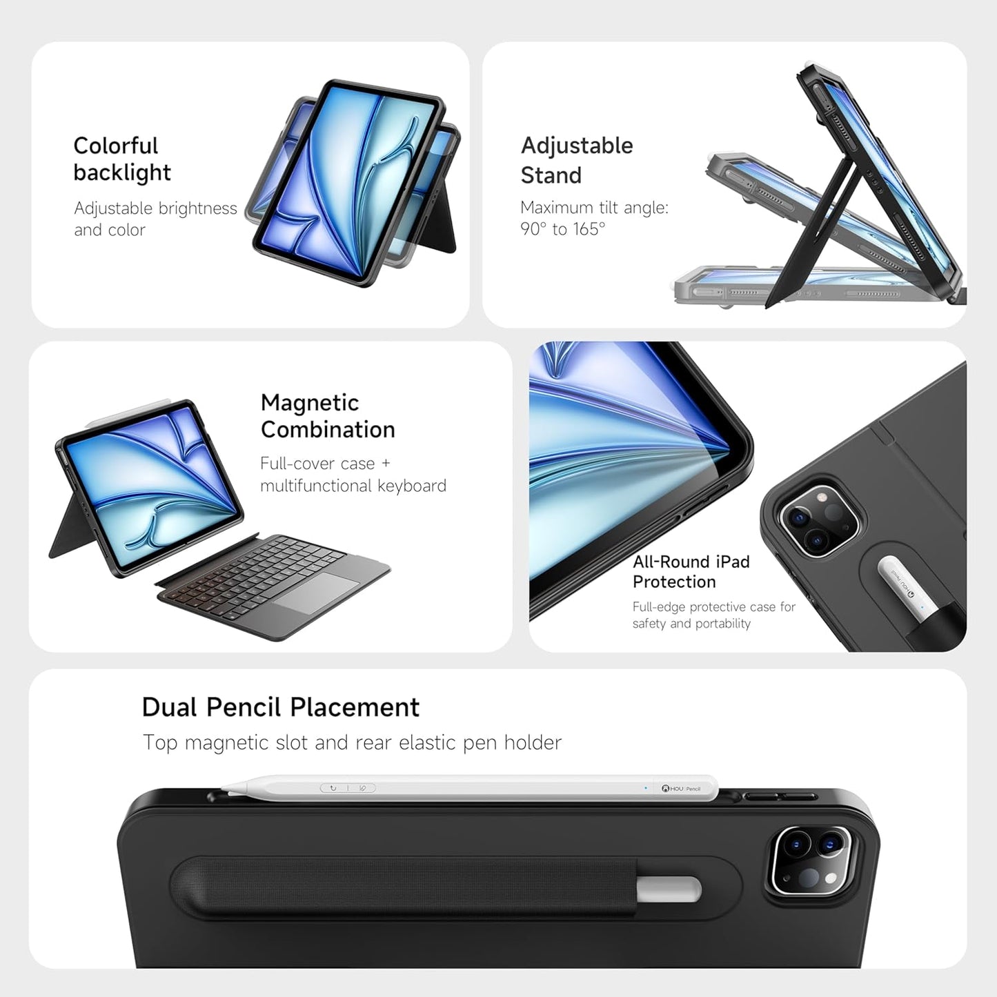 HOU for iPad Air 13 Inch Case Keyboard (M3/M2 2025), Detachable Keyboard Case for iPad Pro 13 M4 /12.9 inch 6/5/4/3rd (2024-2018), Magnetic Rotatable Stand, Multi-Touch Trackpad, 7-Color Backlight