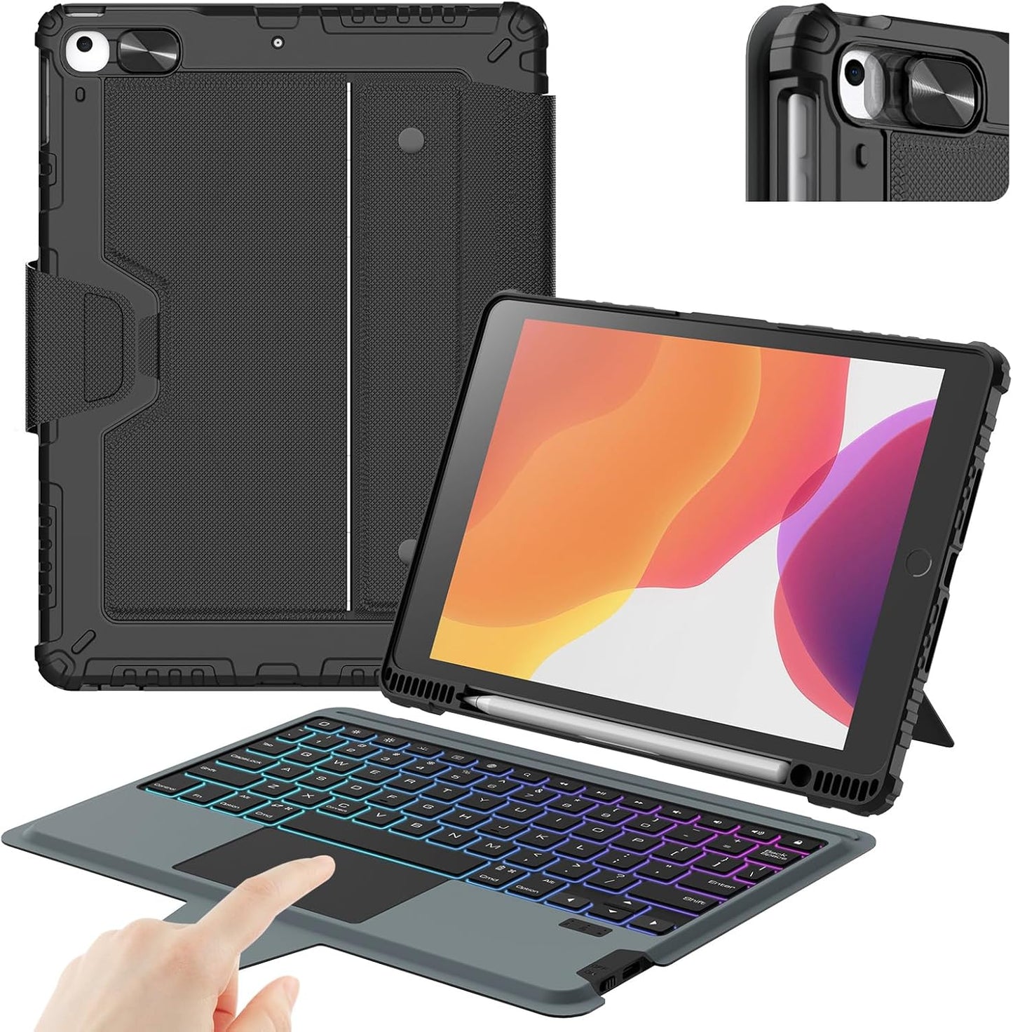 Nillkin iPad 9th Generation (10.2", 2021) Case with Detachable Keyboard, Magic Trackpad, 7-Colors Backlit, Portrait/Landscape Modes, Rugged Keyboard Case with Camera Cover for iPad 8th/7th Gen, Black