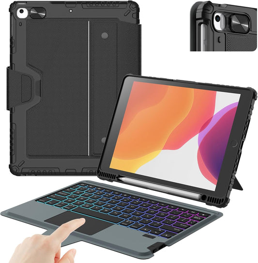 Nillkin iPad 9th Generation (10.2", 2021) Case with Detachable Keyboard, Magic Trackpad, 7-Colors Backlit, Portrait/Landscape Modes, Rugged Keyboard Case with Camera Cover for iPad 8th/7th Gen, Black