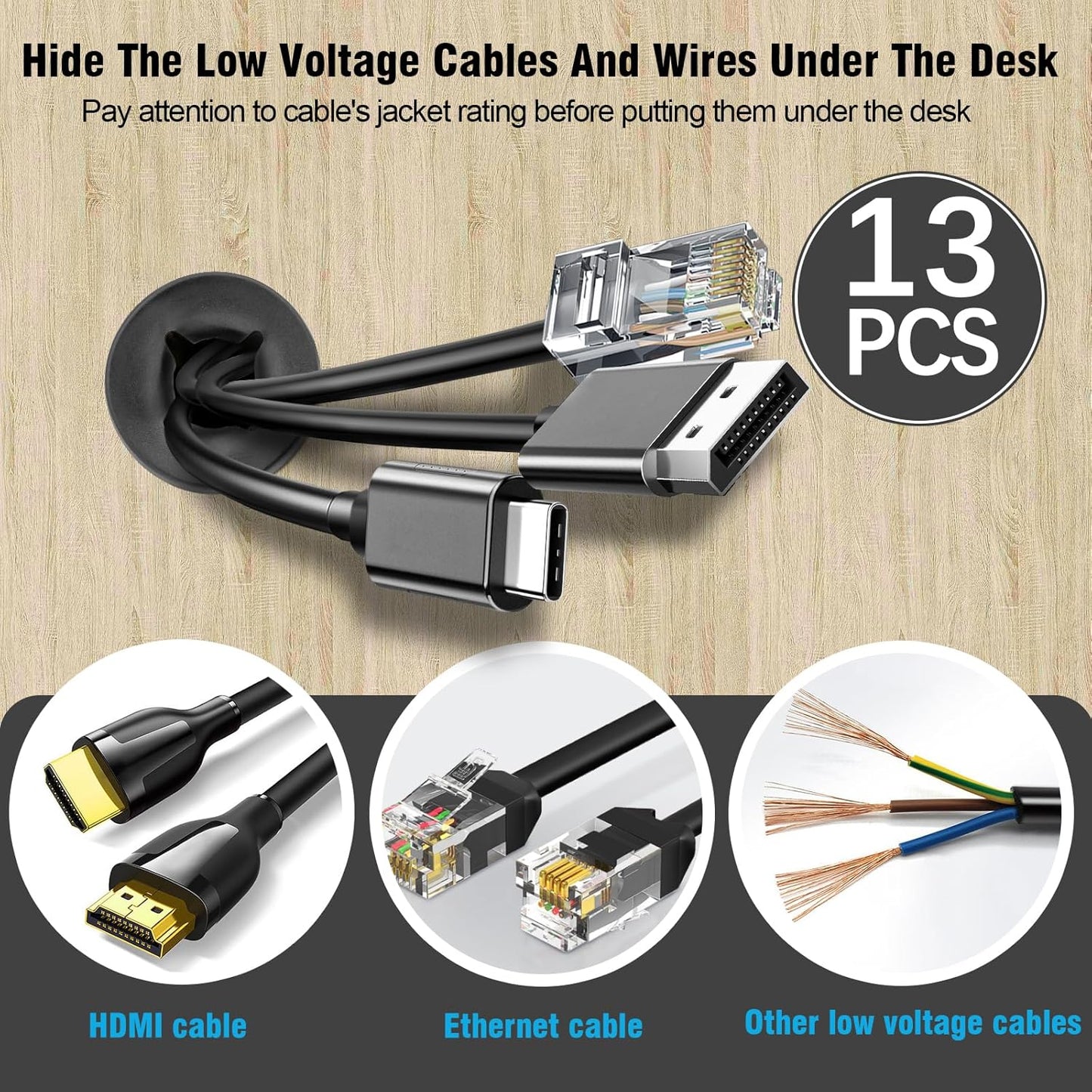 3/4" Black Desk Grommet, JTemgle Flexible Cable Grommet with Bi-Metal Hole Saw Cross Rubber Cable Hole Cover Wire Organizer Caps Desktop Cord Management for Home Office TV Stands Tabletops, 13 Pieces