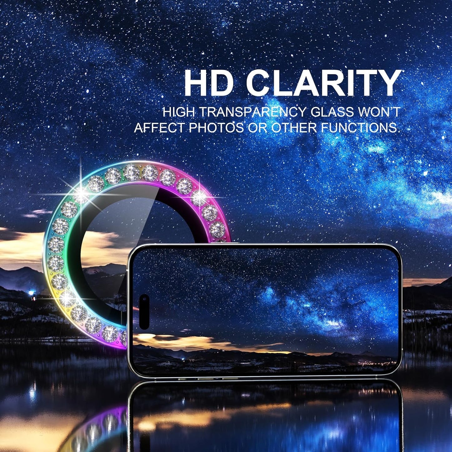 Choiche Compatible for iPhone 15 Pro/iPhone 15 Pro Max Camera Lens Protector Bling, 9H Tempered Glass Camera Cover Screen Protector Metal Ring Decoration Accessories (Diamond-Colorful)