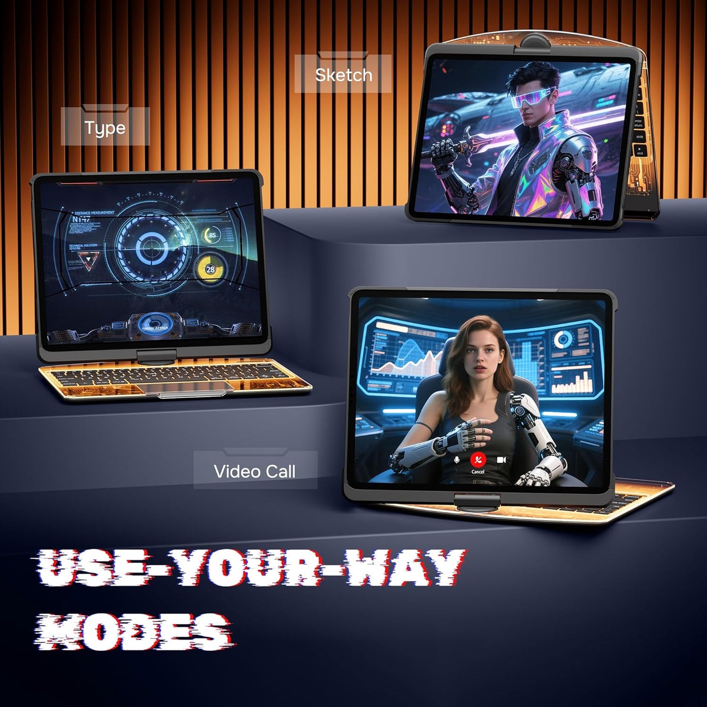 KITONE Transparent Case with Wireless Keyboard for iPad 10.2-in (7th, 8th, and 9th Gen), 7 Colors Backlight, Trackpad, 360°Rotating Stand, Tech Style