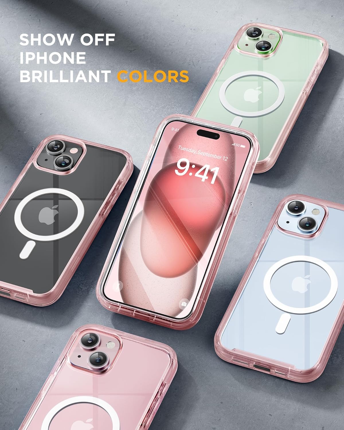 Miracase Glass Series for iPhone 15 Case [Compatible with MagSafe] Full-Body Magnetic Case with Built-in 9H Tempered Glass Anti-Fingerprint Screen Protector + Camera Lens Protector, Clear Pink