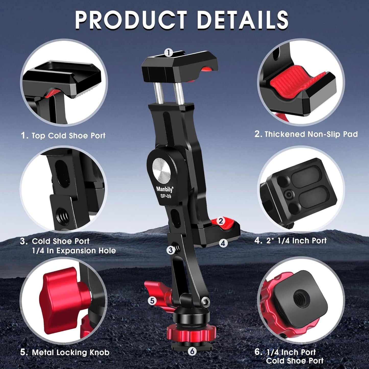 Manbily Phone Tripod Mount, Metal Smartphone Mount Adapter Camera Hot Shoe Mount, 360° Swivel 180° Flip Adjustable Phone Holder for Microphone LED Light（SP-09