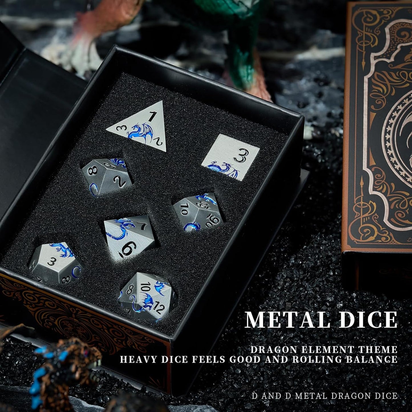 Metal DND Dice, HNCCESG Dragon Metallic D&D Dice Set 7 PCS for Dungeons and Dragon TTRPG Games, Polyhedral RPG Dice Set with Gift Box(Matte Silver Blue)