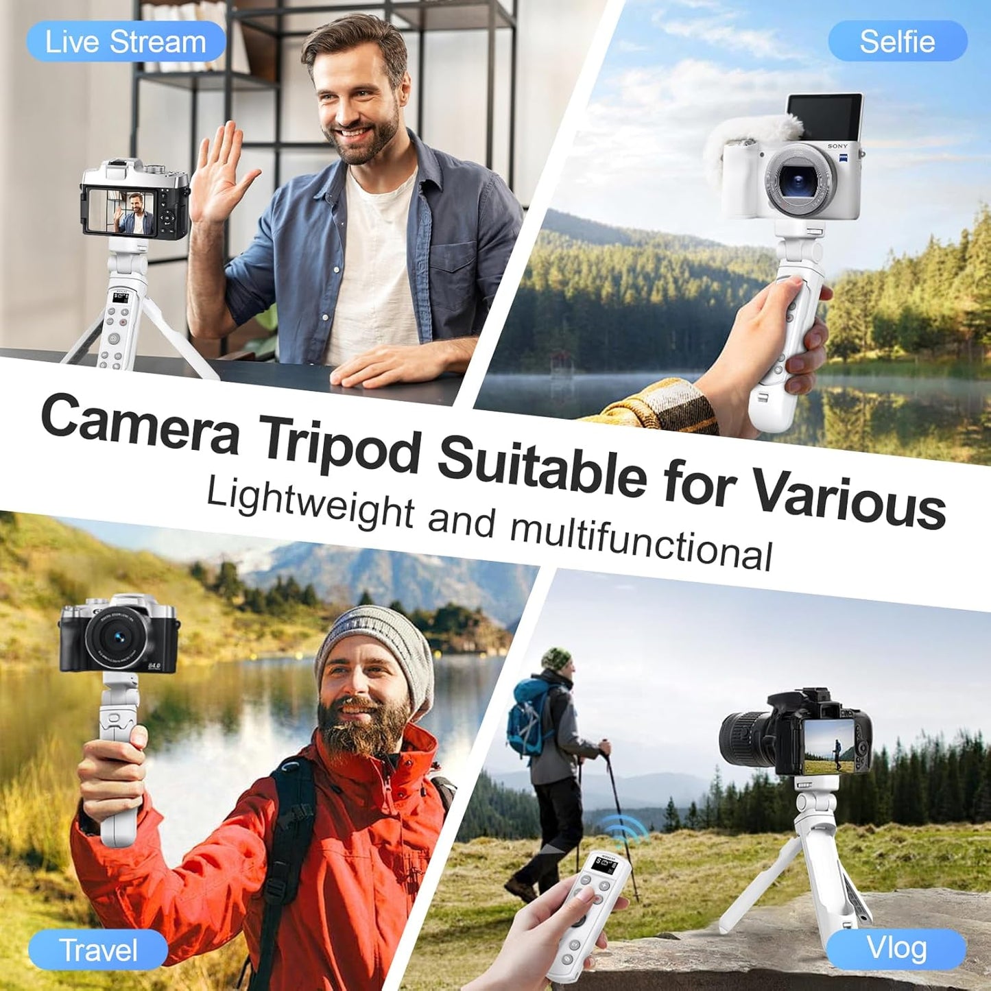 AODELAN for Sony Camera Tripod with Rechargeable Wireless Shutter Release,Shooting Grip Remote Control Handle for ZV-E10,ZV-1F,ZV-1,A7C,A7III,A7R IV,A6100,A6400,A6700,FX30,A9 II,DSC-RX0 II(White)