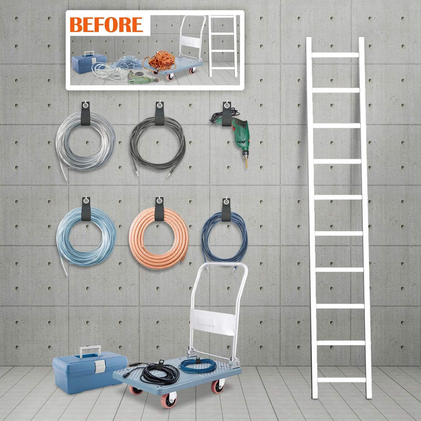 Heavy-Duty Storage Straps (Assorted 10 Pack) - Extension Cord Storage, Organizer, Cord Wrap Keeper, Cable Straps for Tools, Hoses, Rope, RV, Workshop and Garage Wall Storage and Organization
