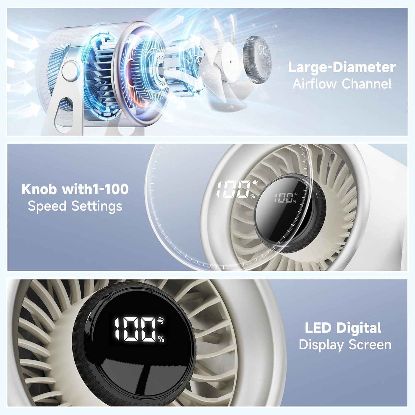 Quiet Small Desk Fan with 100 Speeds Knob switch, Digital Display Portable Rechargeable Fan for Office, Bedroom, Kitchen, Home, Outdoor, 135° Tilt Small Travel Camping Table Fan, White