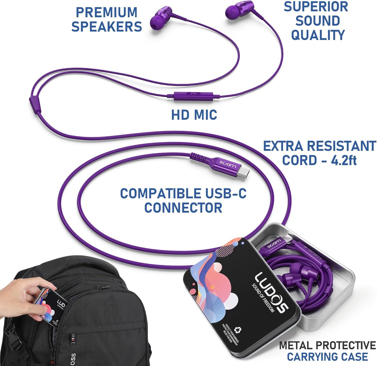 LUDOS OMNITONE USB C Headphones for iPhone 16 15 Pro Max Plus iPad Pro, 5 Years Warranty, USB-C Earbuds for Samsung Galaxy S24 S23 S22 S21 S20 A55 A54 A53, USB Type C Earphones - Purple