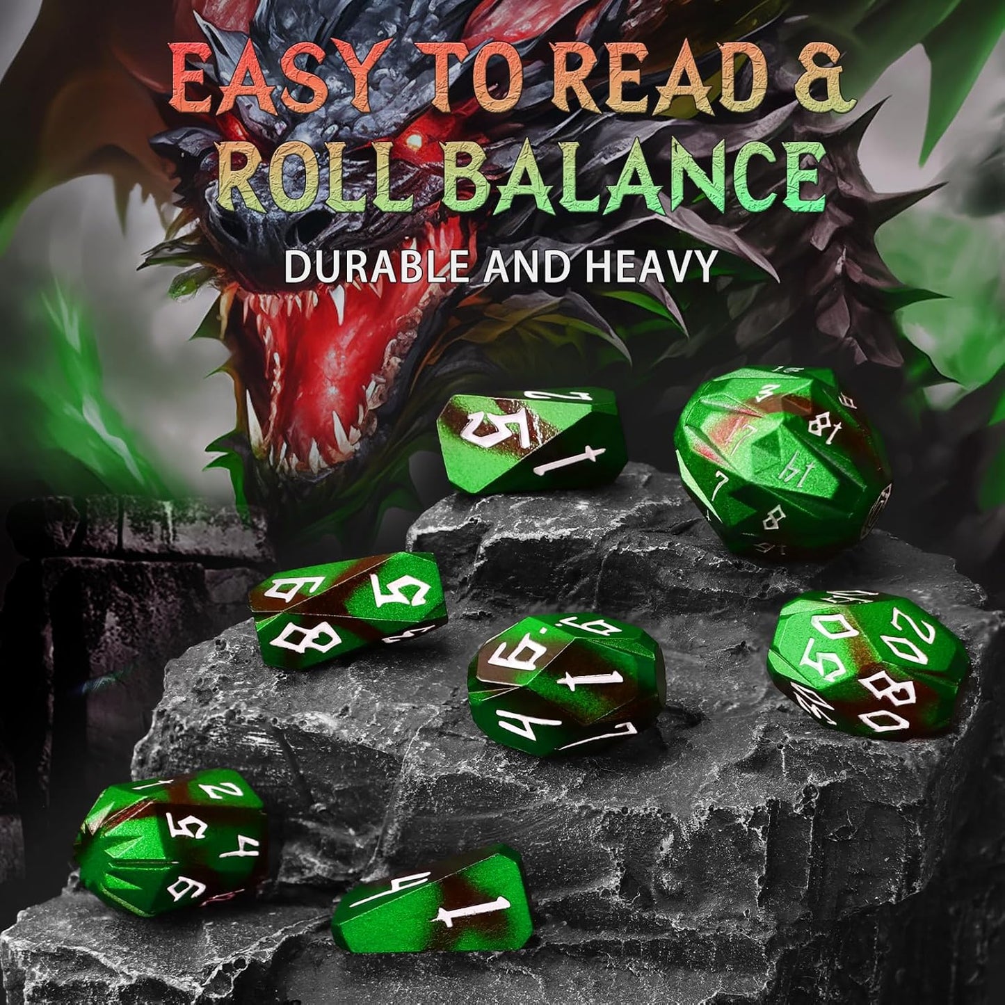 Metal DND Dice for Dungeons and Dragon, Metal Dice Set D and D with Cardboard Box Unique Cool RPG Polyhedral Dice for Role Playing Tabletop Games Gifts (Black Green)
