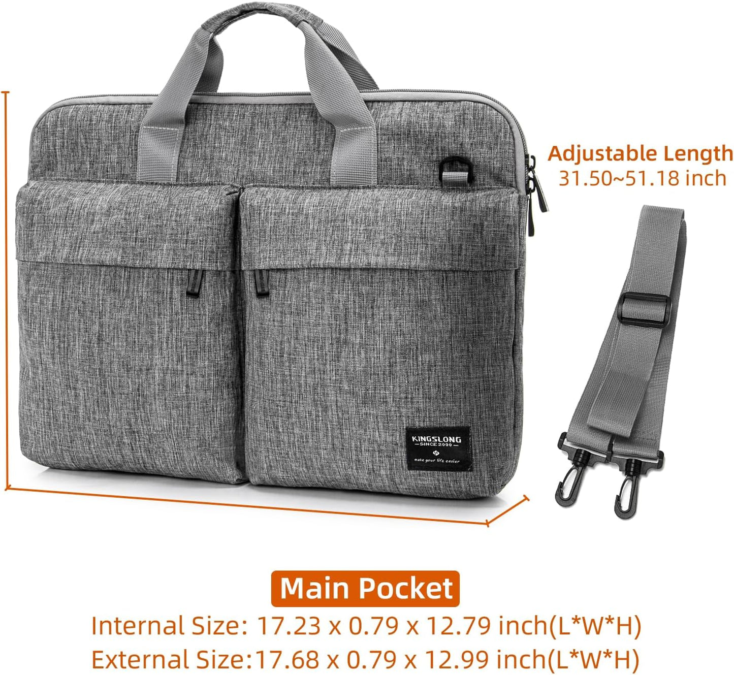 KINGSLONG Slim 17.3 inch Laptop Bag Sleeve Carrying Case with Shoulder Strap, Notebook Ultrabooks Computer Handbag Cover for Men Women Fit for Acer Asus Lenovo HP Toshiba Grey
