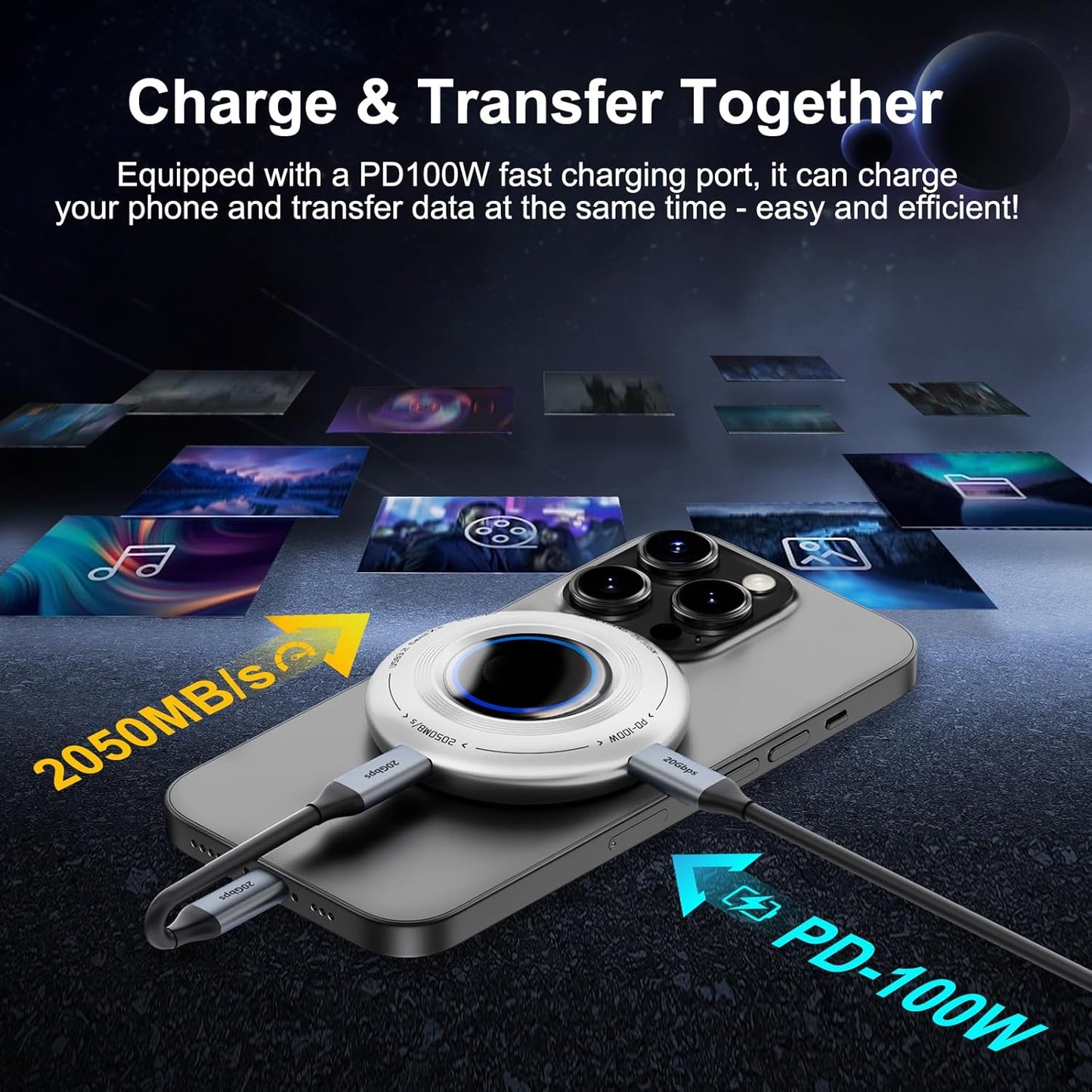 FP108 500GB Magnetic Portable SSD, External Solid State Drives with PD-100W and 2050MB/s USB-C 3.2 Gen 2x2, Play While Charging, Compatible with iPhone 16/15 Pro Max, Android, PC, Mac, Switch Lite