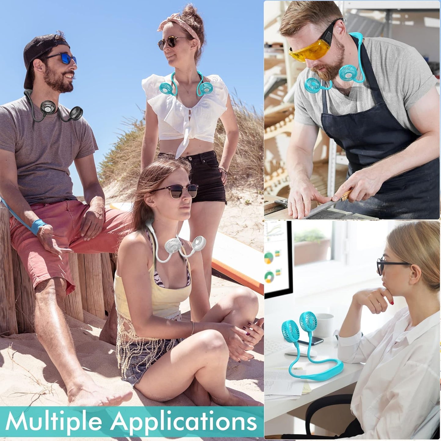 Portable Neck Fan, 2600mAh Battery Operated, Ultra Quiet Hands Free USB Fan with 3 Speeds, Strong Wind, 360° Adjustable High Flexibility Wearable Personal Fan for Sport Office Outdoor Travel (Cyan)