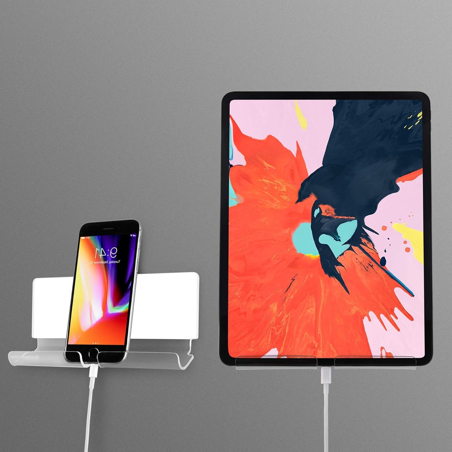 TXEsign Adhesive Wall Phone Tablet Holder Mount Stand for Tablet Smartphones eReader Wall Holder Mount (Silky White & Transparent)