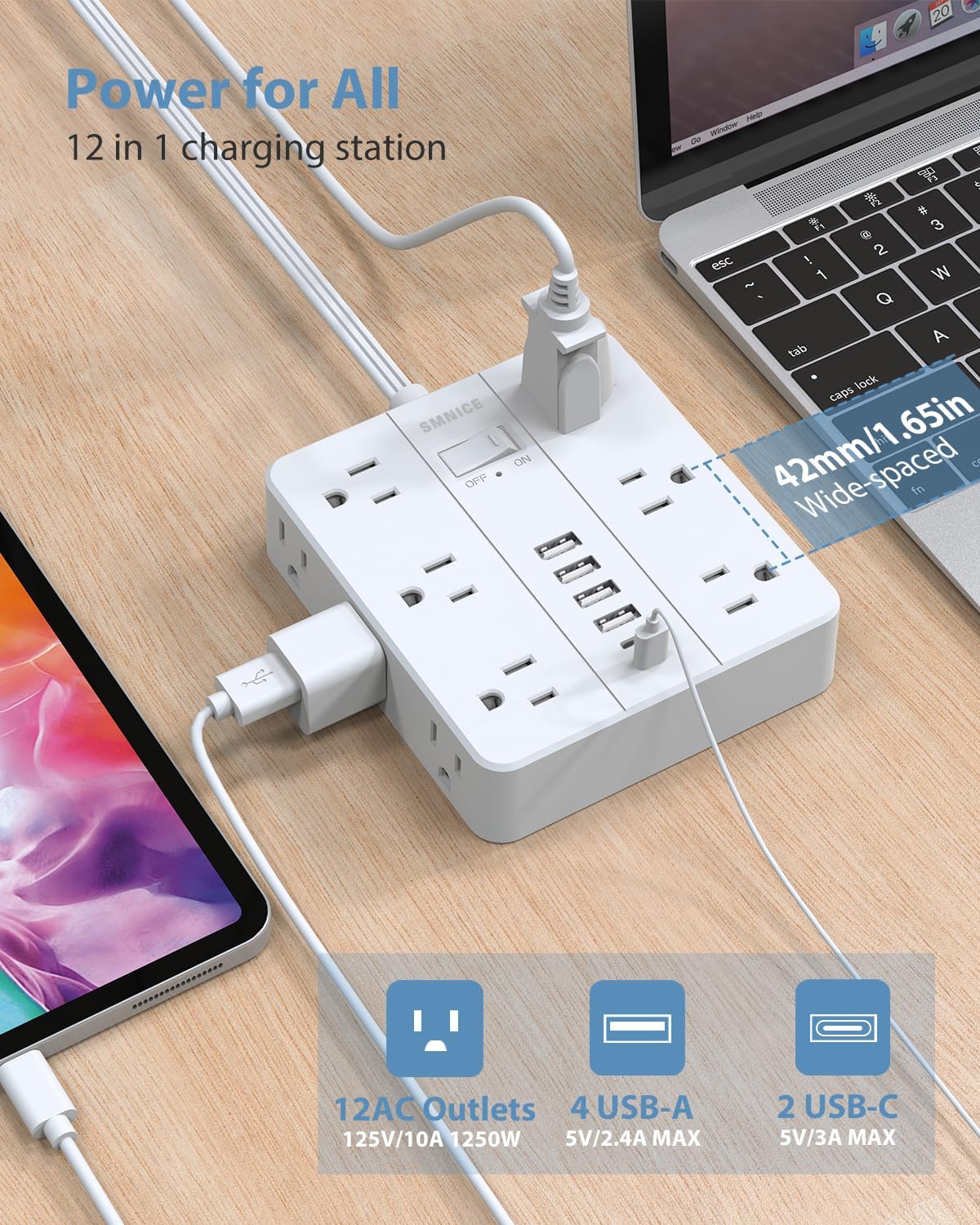 Surge Protector Power Strip 15 Ft Extension Cord, 12 Widely Spaced Outlets 6 USB (2 USB C) Ports, Ultra Thin Flat Plug Surge Protection for Home, Office, Dorm Room Essentials