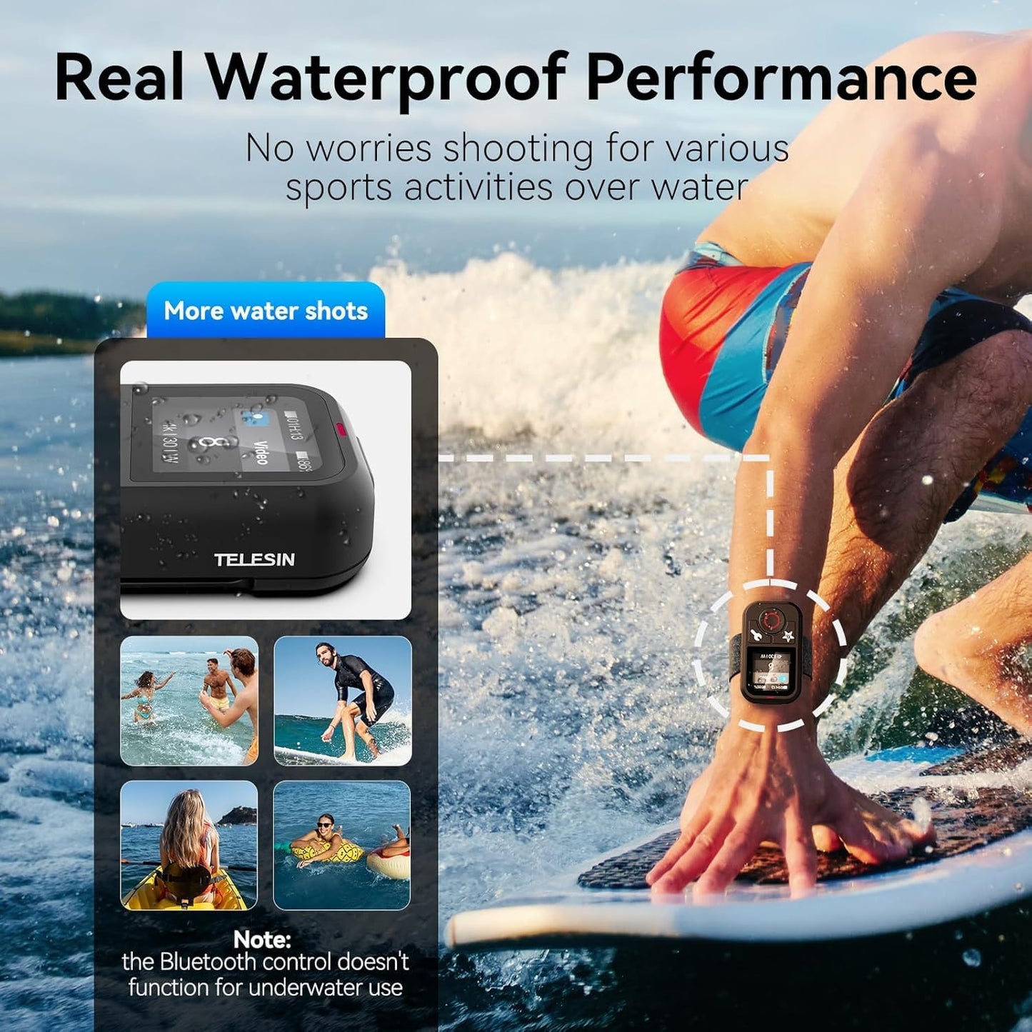 TELESIN T13 Waterproof Smart Remote Control with Color LCD Screen, 5-60m Wireless Remote with Wrist Strap, Compatible with GoPro Hero 13/12/11/10/9/8 Action Cameras