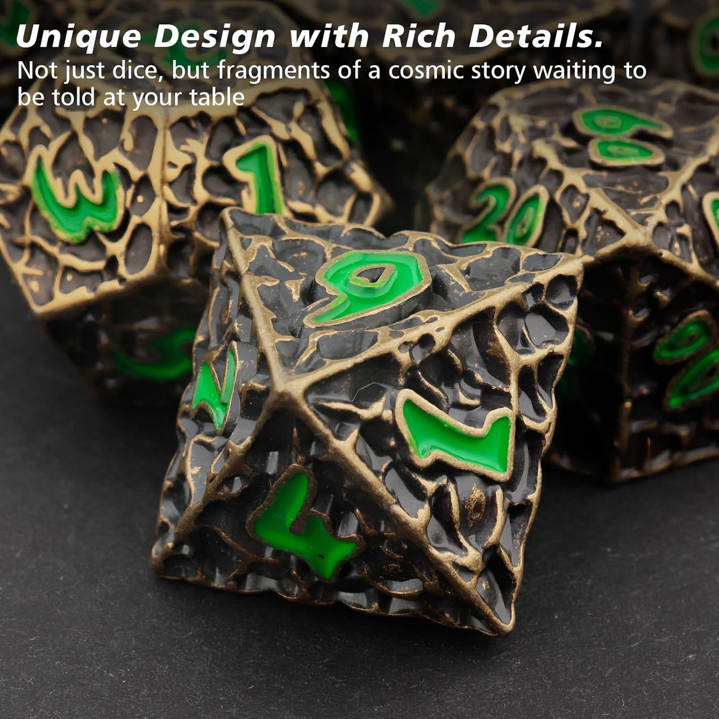 PJOY Metal Dice Set D&D for Dungeons and Dragons Green Metal Druid DND Dice with Case Meteorite Bronze 16mm 7PCS Role Playing Cool DND Gifts for Players DM Game Masters