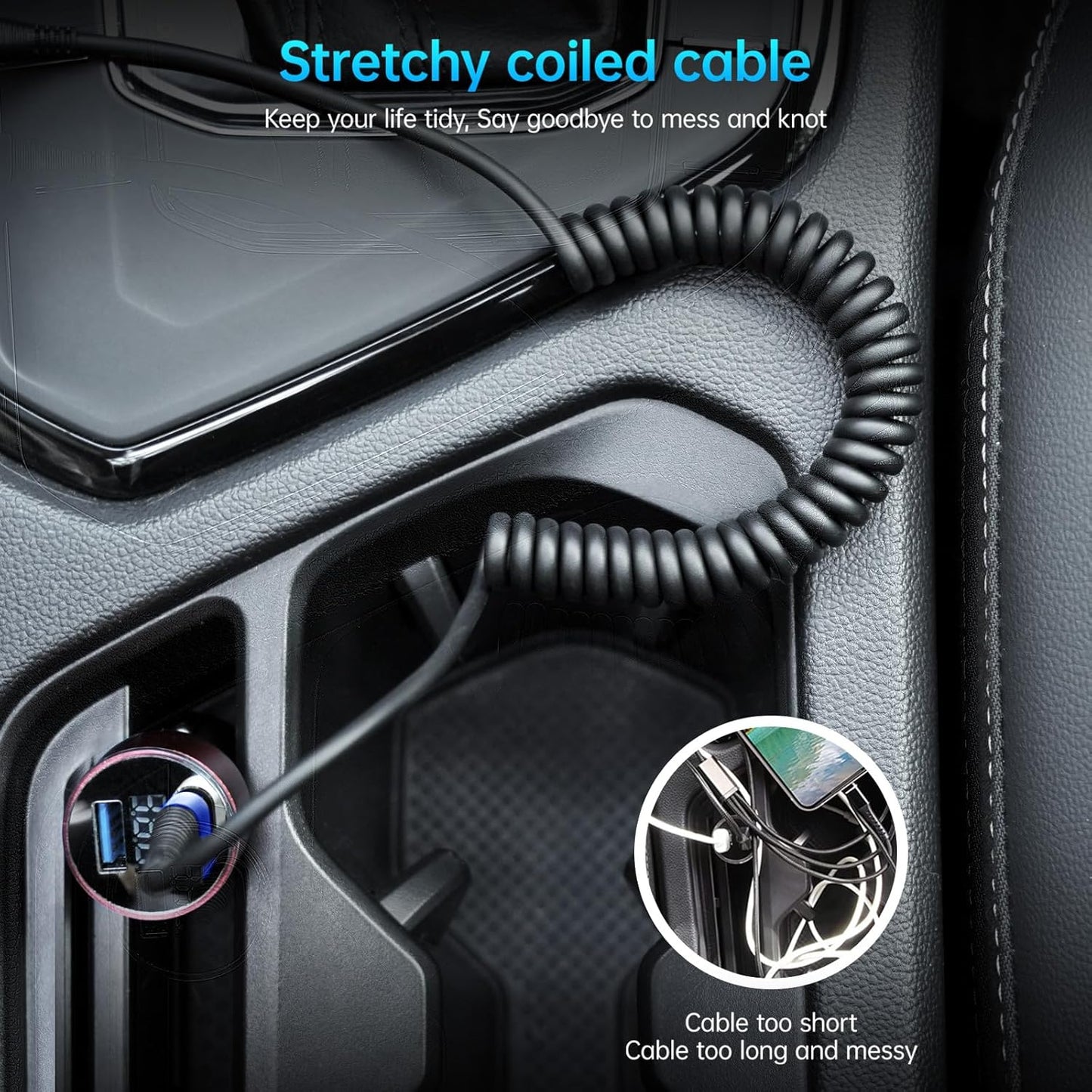 iPhone Charger Cable for Car 3FT, 2Pack Coiled Lightning Cable, [Apple MFi Certified] Retractable Charging Cord Compatible with iPhone 14/13/12/11 Pro Max/XS MAX/XR/XS/8/iPad/iPod/CarPlay-Blue