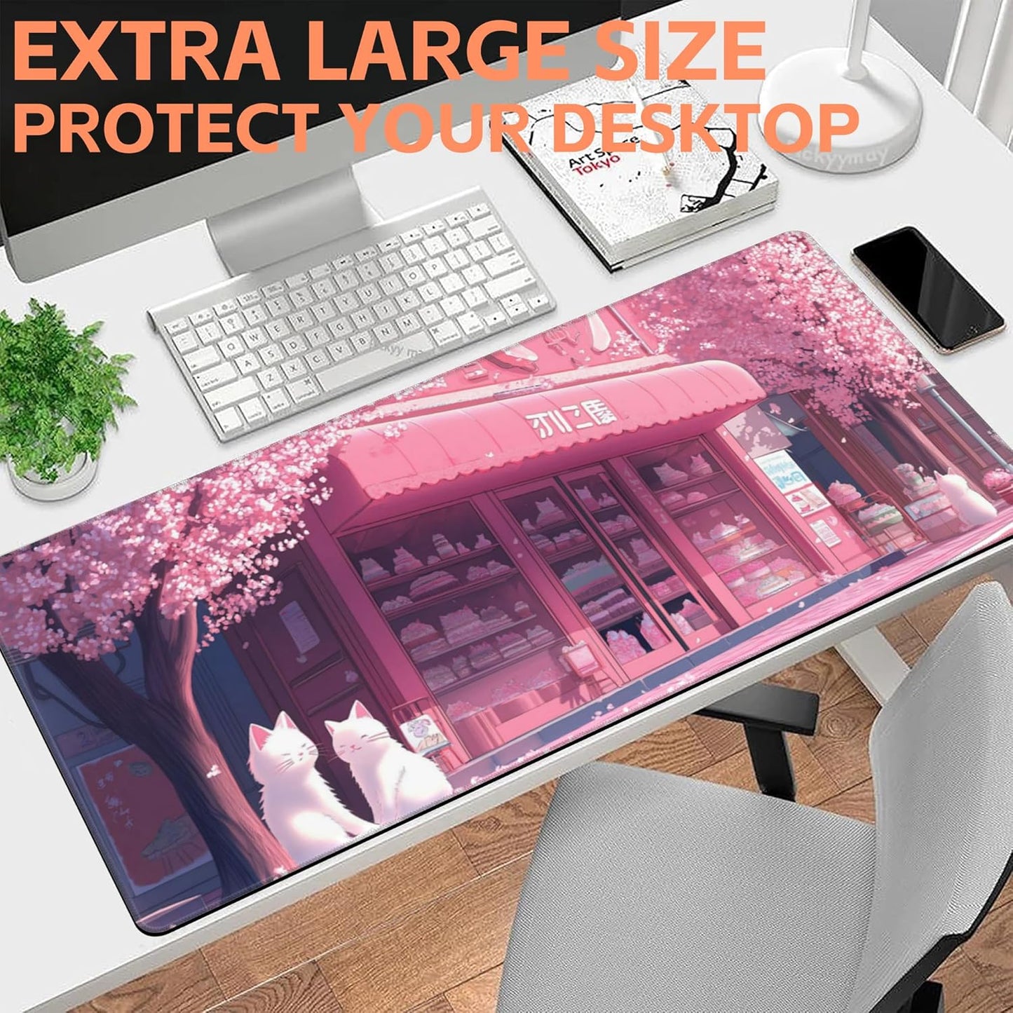 Mouse Pad Large Cake Shop and White Cats Non-Slip Gaming Desk Mat with Stitched Edge Laptop Keyboard Desk Pad for Work Home Gaming (35.4 x 15.7 Inches)