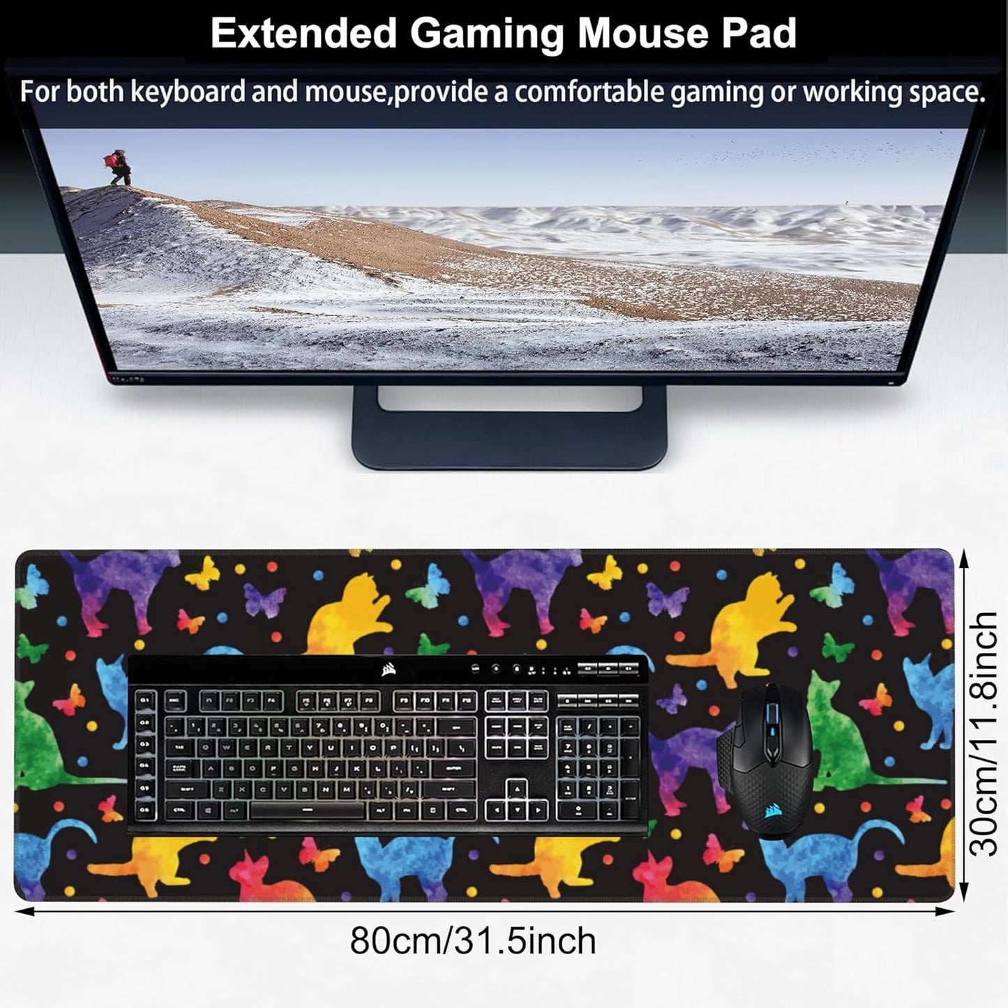 Colorful Cats and Butterflies Desk Mat,Large Watercolor Kittens Butterfly Gaming Keyboard Mouse Pad,Non-Slip Rubber Base Desk Pad Thick Stitched Edges Waterproof Mousepad Mouse Mat 31.5"x11.8"