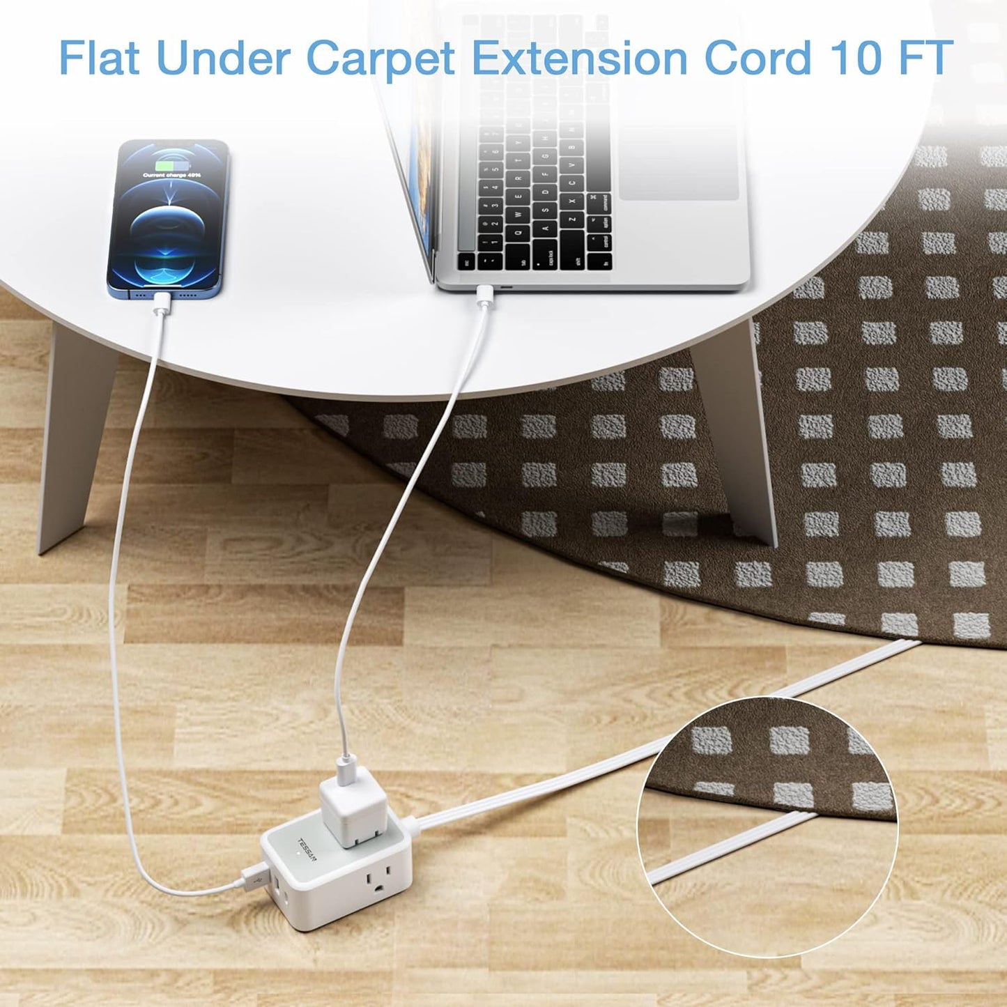 Ultra Thin Flat Extension Cord 10 FT, TESSAN Small Flat Plug Power Strip with 3 USB Charger (1 USB C), 3 Outlets Desk Charging Station, 10 Feet Long Slim Plug for Travel, Dorm Room, Office Essentials