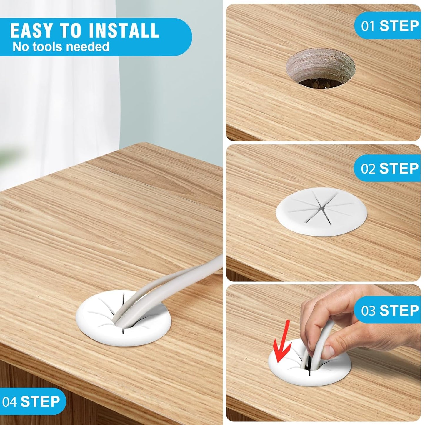 2-3/8" White Desk Grommet, JTemgle Flexible Cable Grommet Rubber Cable Hole Cover Wire Organizer Caps Desktop Cord Management for Home Office TV Stands Tabletops, 10 Pieces