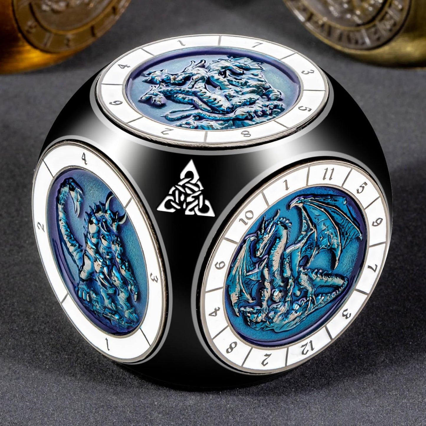 7 in 1 D6 Spinner DND Dice Set D&D, Metal Cube D and D Dice with Gift Box, Dungeons Dragons Role Playing Dice, Black Blue