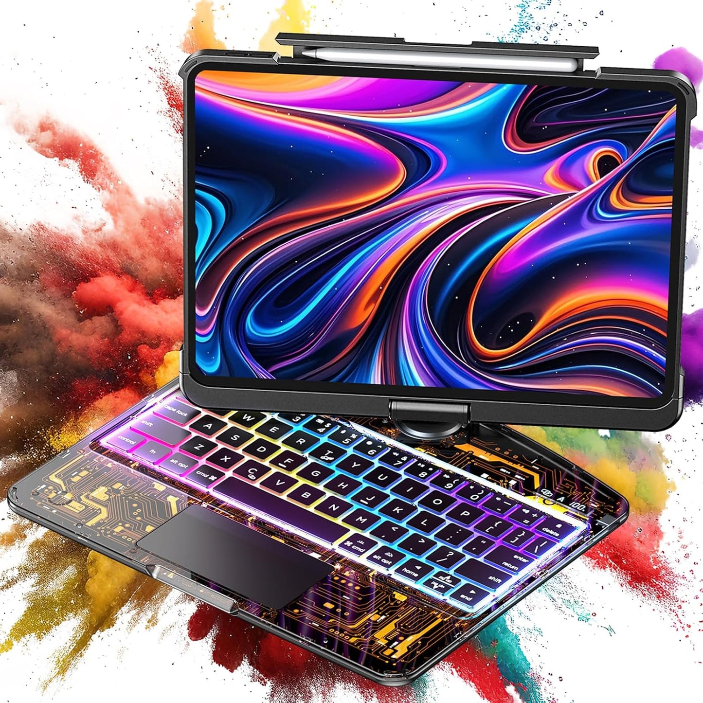 SIBEITU Keyboard Case for iPad Pro 13 Inch M5 2025 / M4 2024, Clear Wireless Protective Cover with Multi-Touch Trackpad, 7-Color Backlight & 3-Brightness, 360 Rotatable, Visible PCB Tech Design, Black