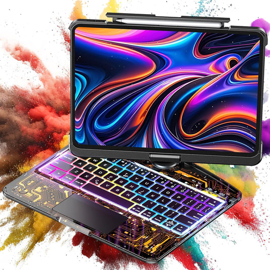 SIBEITU Keyboard Case for iPad Pro 13 Inch M5 2025 / M4 2024, Clear Wireless Protective Cover with Multi-Touch Trackpad, 7-Color Backlight & 3-Brightness, 360 Rotatable, Visible PCB Tech Design, Black