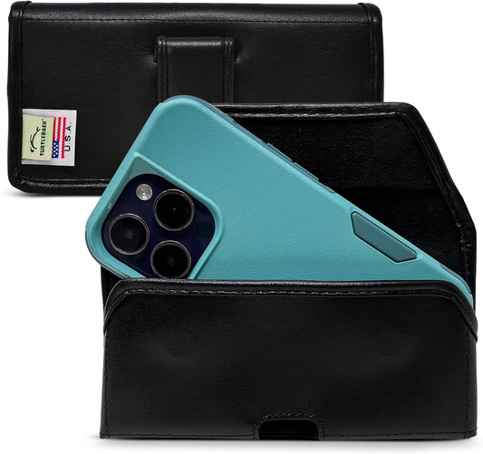 Turtleback Belt Holder for iPhone 16 Pro, 16e, 15 pro 14 Pro 13 Pro -Medium- Fits w/Shockproof Commuter Style Cases, Premium Black Leather Horizontal Case, Magnetic Closure, Leather Wrapped Clip