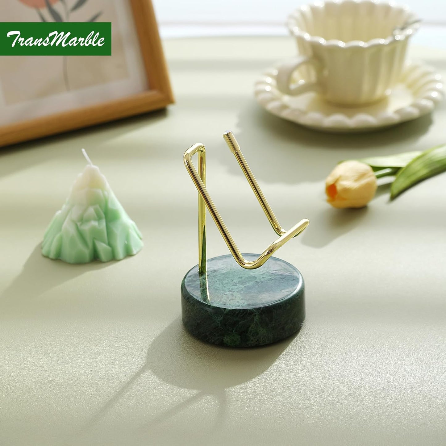 Marble Phone Stand with Metal Holder, Charging Available While Using, Swipe Up to Unlock, Made of Natural Marble as Business Card Holder for Office Desk (Emerald Green + Gold)